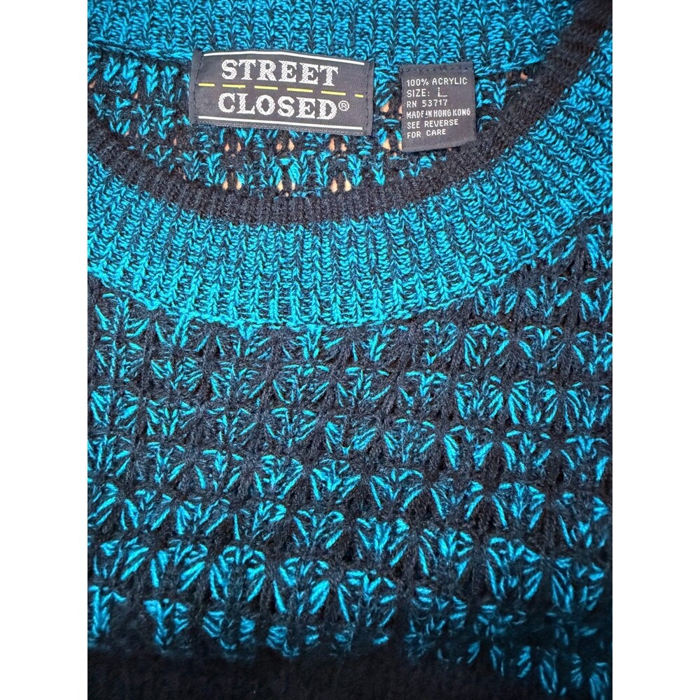 Street Closed Sweater Teal Black Textured Knit Crewneck  Vintage Style Large